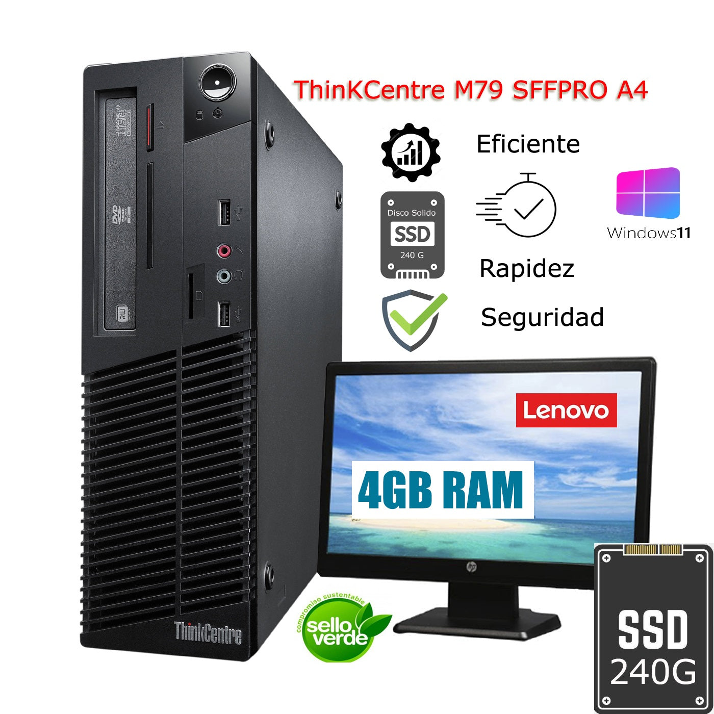PC LENOVO M79 PRO A4 8GB SSD 240 / 500GB /W11 Monitor 19