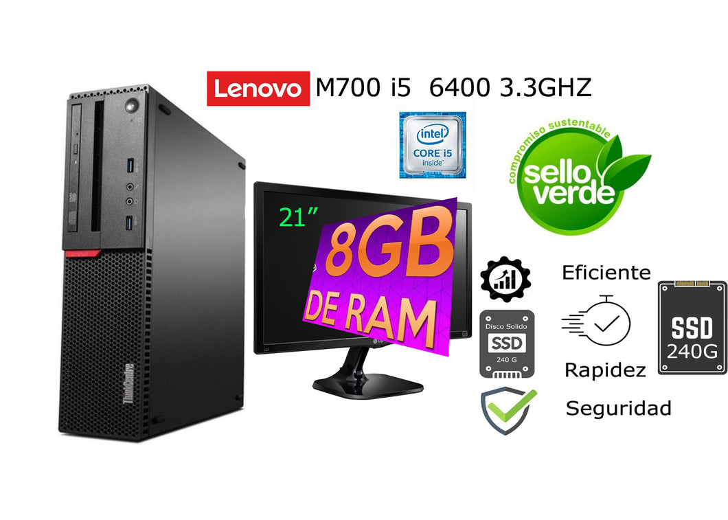 LENOVO M700 INTEL i5 SSD 240 / 500G  8 RAM Monitor 21 Reacondicinado